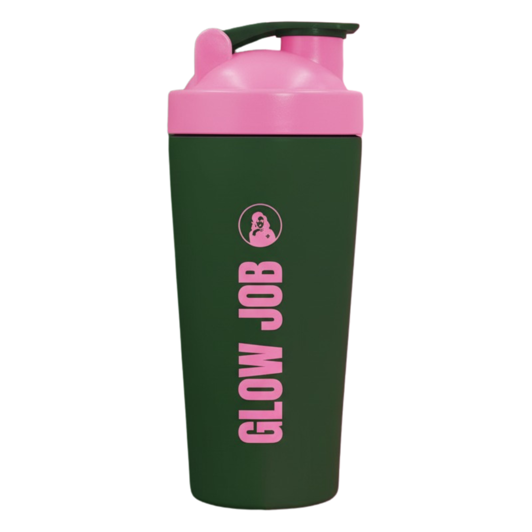 Green and pink shaker bottle with 'GLOW JOB' text on a white background