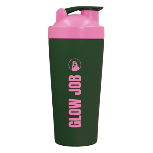 Green and pink shaker bottle with 'GLOW JOB' text on a white background